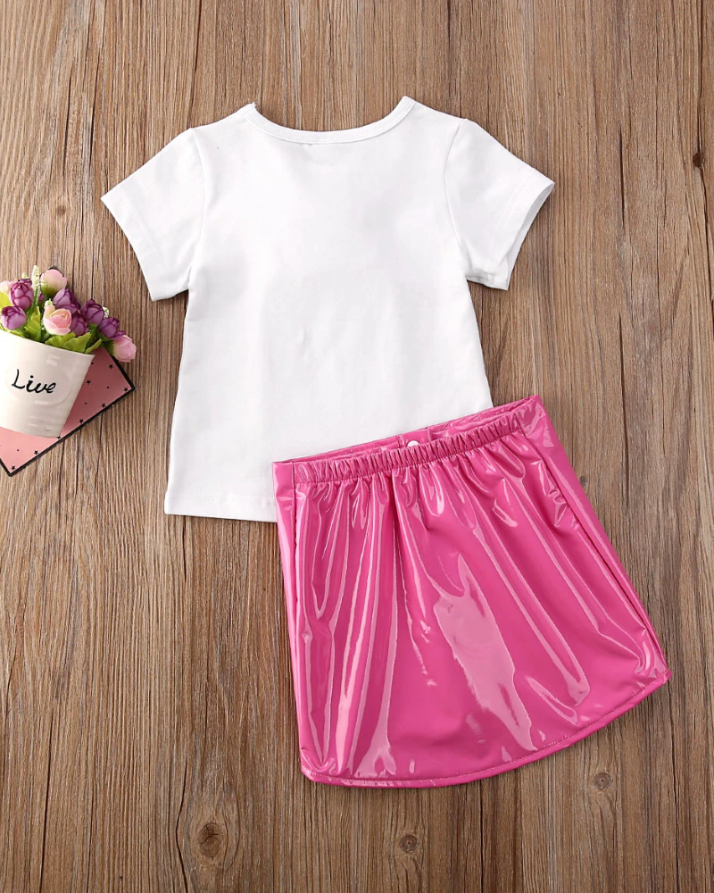 Girls Spring Outfit |Paris Parfum Sequin Top & Pink Pleather Skirt Set