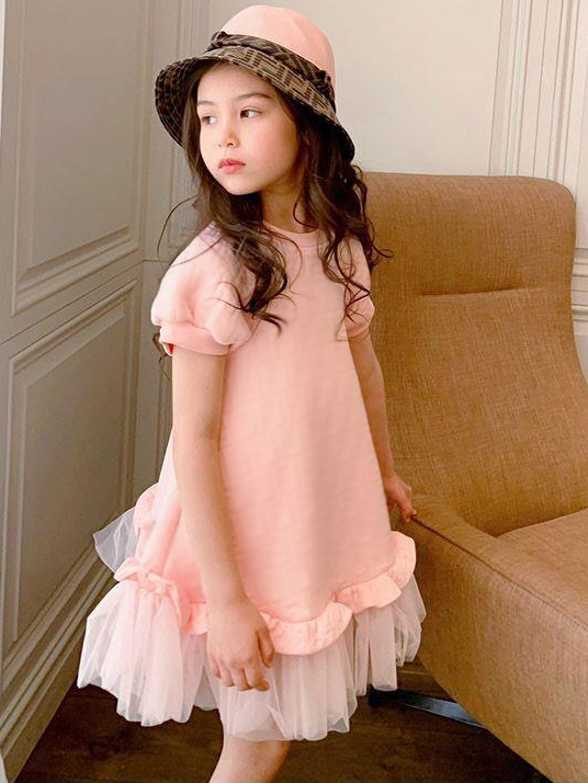 Toddler Spring Dresses | Girls Pink Capped Sleeved Tulle Hem Dress