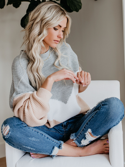 Women's Boho Chic Loose Knit Color Block Long Sleeve Sweater Beige