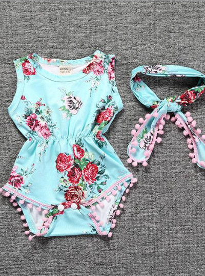 Baby Spring  floral onesie with pom pom hem and matching headband light blue