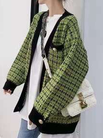 Women's Preppy Chic Vintage Tweed Cardigan Green