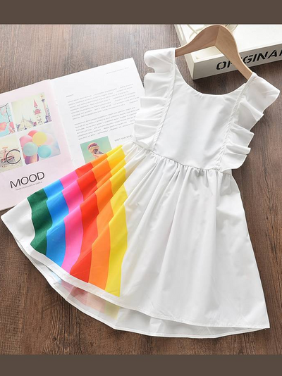 Toddler Spring Outfits | Girls Rainbow Flutter Sleeve Apron Dress