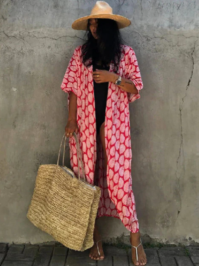 Women's Leaf Print Kimono Cover Up - Red