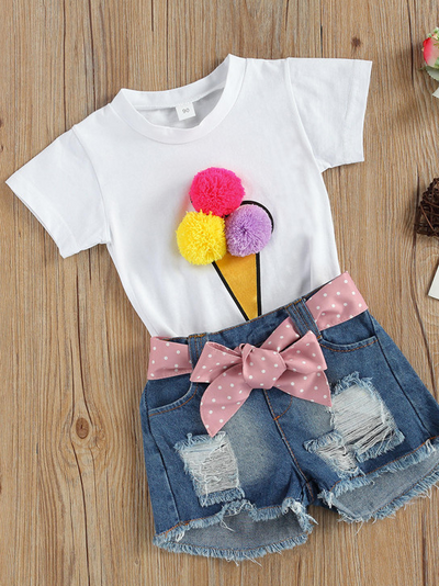 Girls Spring Outfits | Ice Cream Pom Pom Tee & Belted Denim Shorts Set