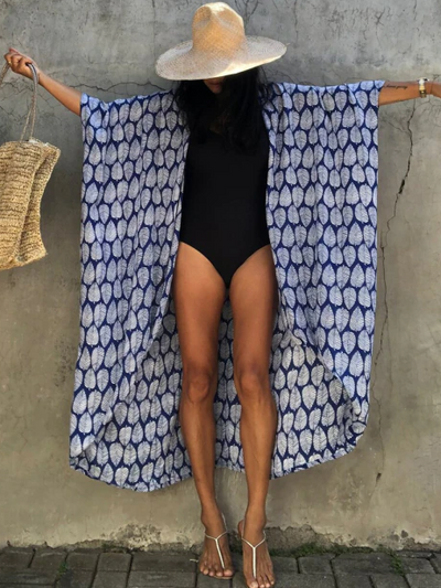 Women's Leaf Print Kimono Cover Up - Navy