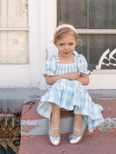 Girls Spring Dresses | Puff Sleeve Blue Gingham Ruffled Smock Dress