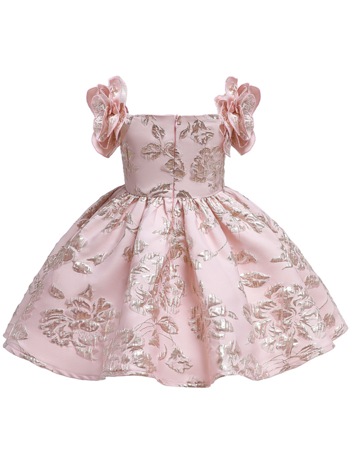 Girls Formal Dresses | Pink Flower Sleeve Brocade Pleated Dress