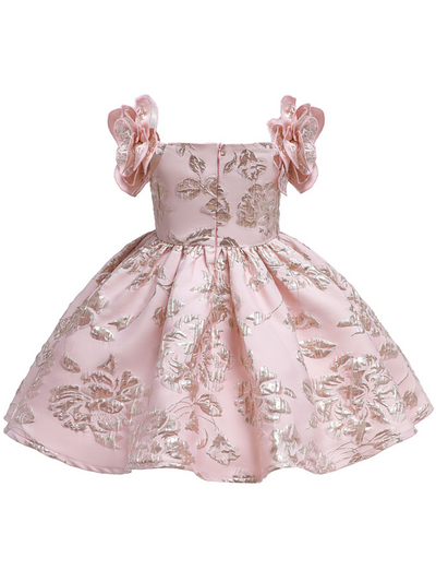 Girls Formal Dresses | Pink Flower Sleeve Brocade Pleated Dress