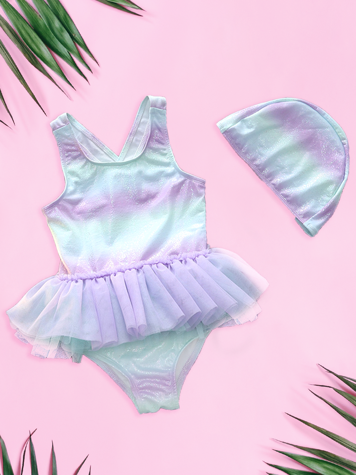 Little Girls Swimsuits | Purple Tutu One Piece Swimsuit & Cap Set