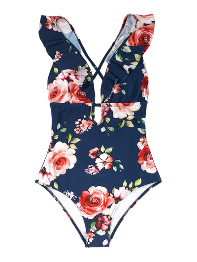 Women's Floral Deep V Neck Monokini Swimsuit - Mia Belle Girls
