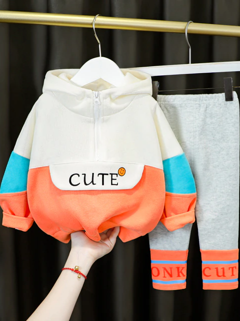 Baby Cute Kiddo Casual Hooded Sweater And Pants Set Orange