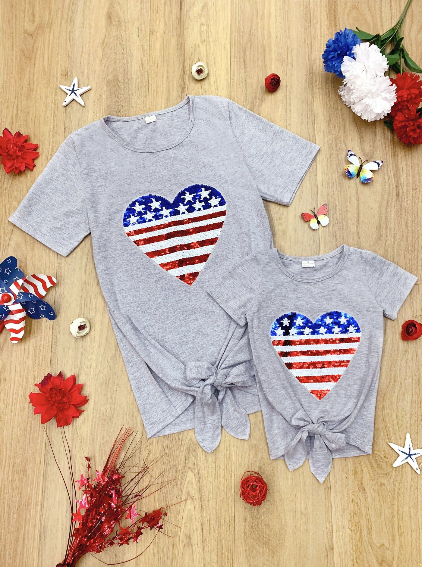 Mommy & Me 4th of July Tops | Grey Sequin US Flag Heart Knot Hem Top