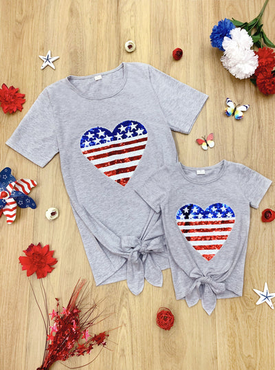 Mommy & Me 4th of July Tops | Grey Sequin US Flag Heart Knot Hem Top