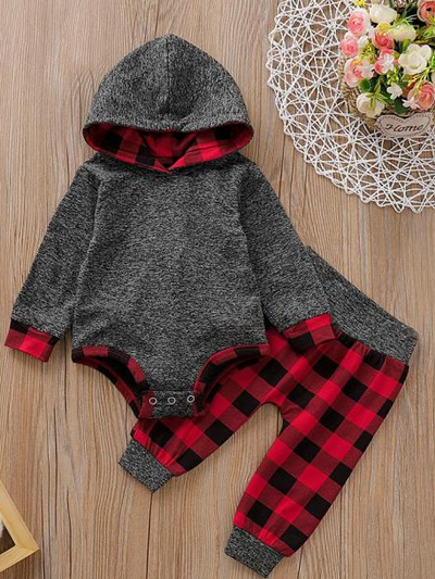 Baby Checkered Plaid Playtime Hooded Bodysuit And Pants Set Red