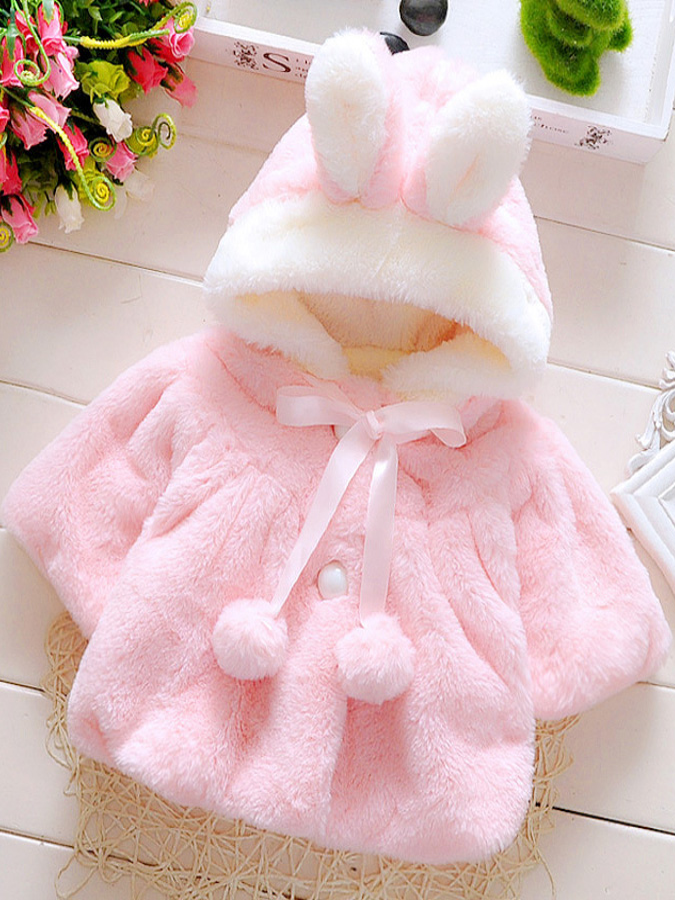 Baby Snow Bunny Ear Hooded Fleece Coat - Pink