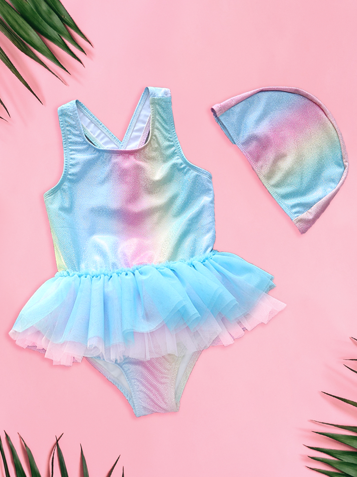 Little Girls Swimsuits | Blue Tutu One Piece Swimsuit & Cap Set