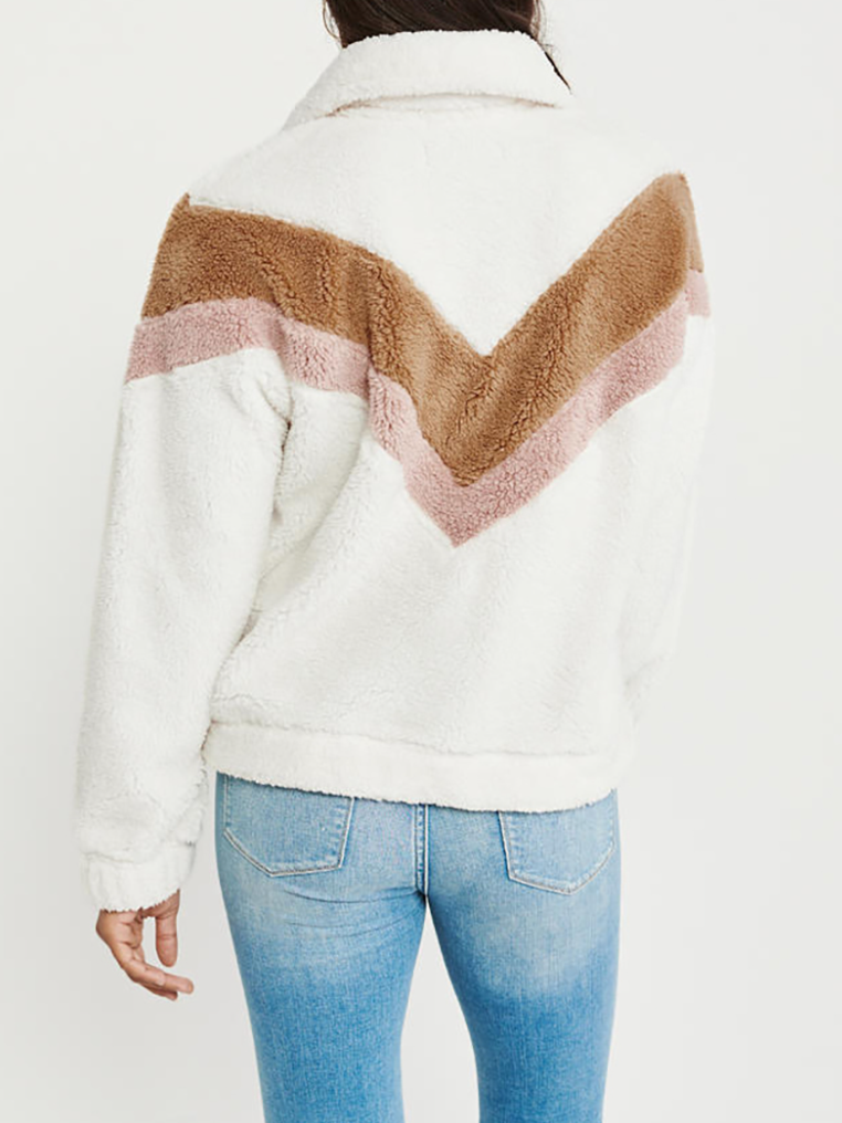 Women's Plush Tri-Color Half-Zip High Collar Sweater White