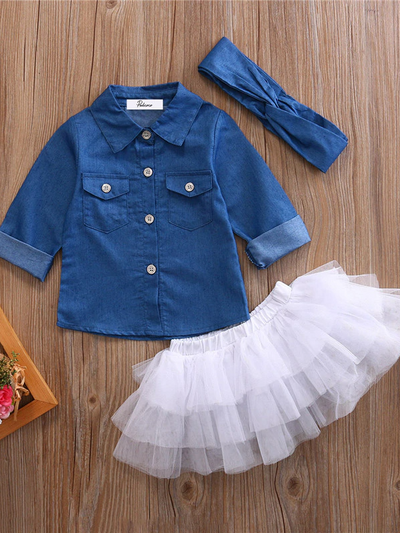 Baby set features a denim shirt with front buttons and a tutu skirt with matching headbands