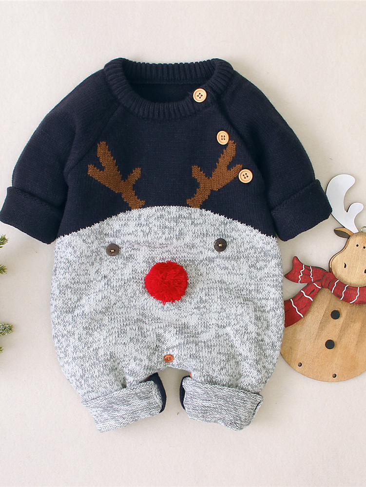 Baby Red-Nosed Rudolph Long-Sleeved Knit Onesie - Mia Belle Girls