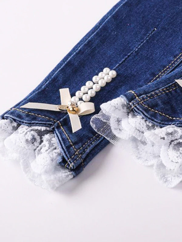 Toddler Clothing Sale | Pearl Accent Lace Hem Jeans | Mia Belle Girls