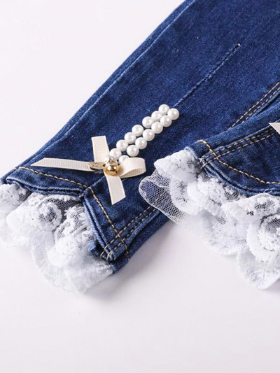 Toddler Clothing Sale | Pearl Accent Lace Hem Jeans | Mia Belle Girls