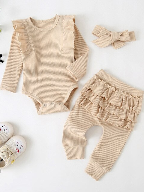 Baby Frills N Fun Long Sleeve Ribbed Onesie And Legging Set Beige