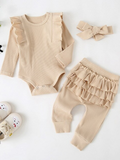 Baby Frills N Fun Long Sleeve Ribbed Onesie And Legging Set Beige