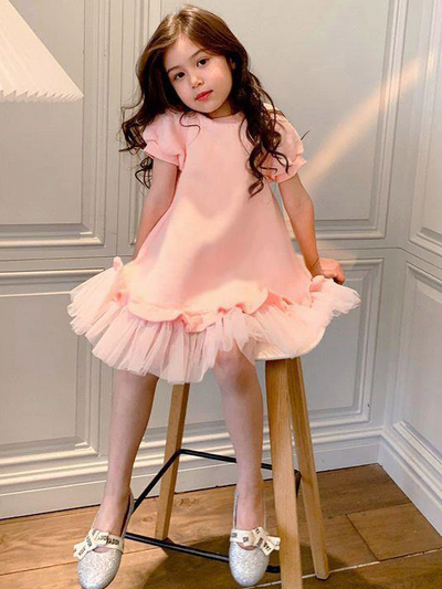 Toddler Spring Dresses | Girls Pink Capped Sleeved Tulle Hem Dress