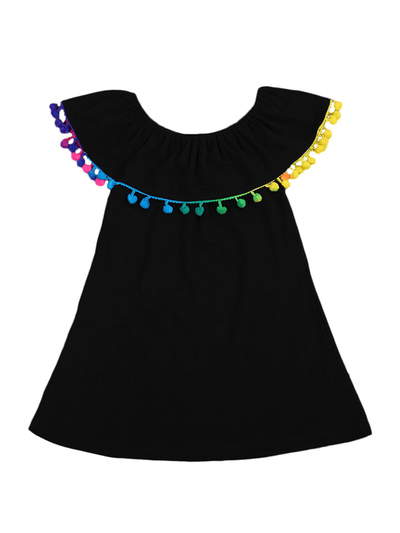 Girls Black Off The Shoulder Rainbow Pom Pom Ruffle Trim Dress