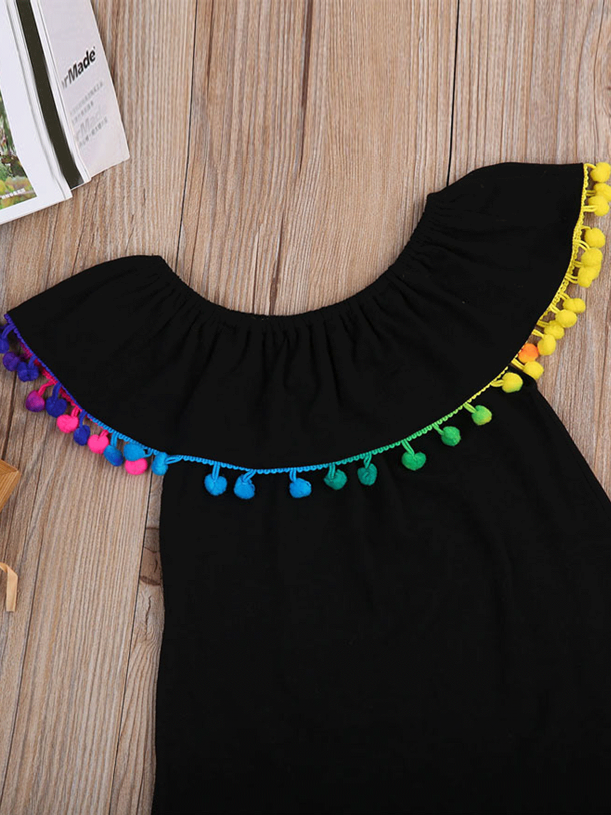 Girls Black Off The Shoulder Rainbow Pom Pom Ruffle Trim Dress