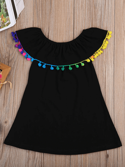 Girls Black Off The Shoulder Rainbow Pom Pom Ruffle Trim Dress