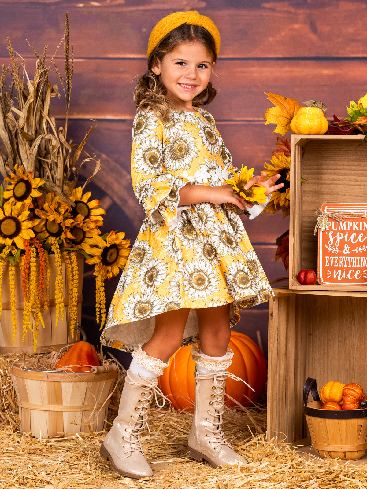 Toddler Fall Dresses | Little Girls Hi-Lo Sunflower Ruffle Dress 