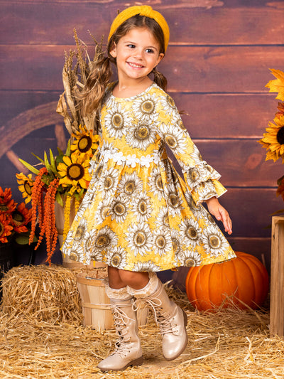 Toddler Fall Dresses | Little Girls Hi-Lo Sunflower Ruffle Dress 