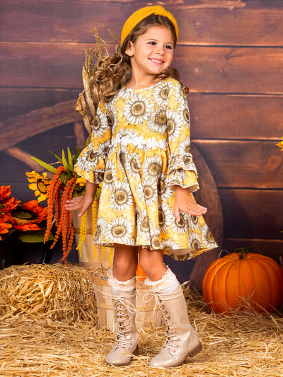 Toddler Fall Dresses | Little Girls Hi-Lo Sunflower Ruffle Dress 