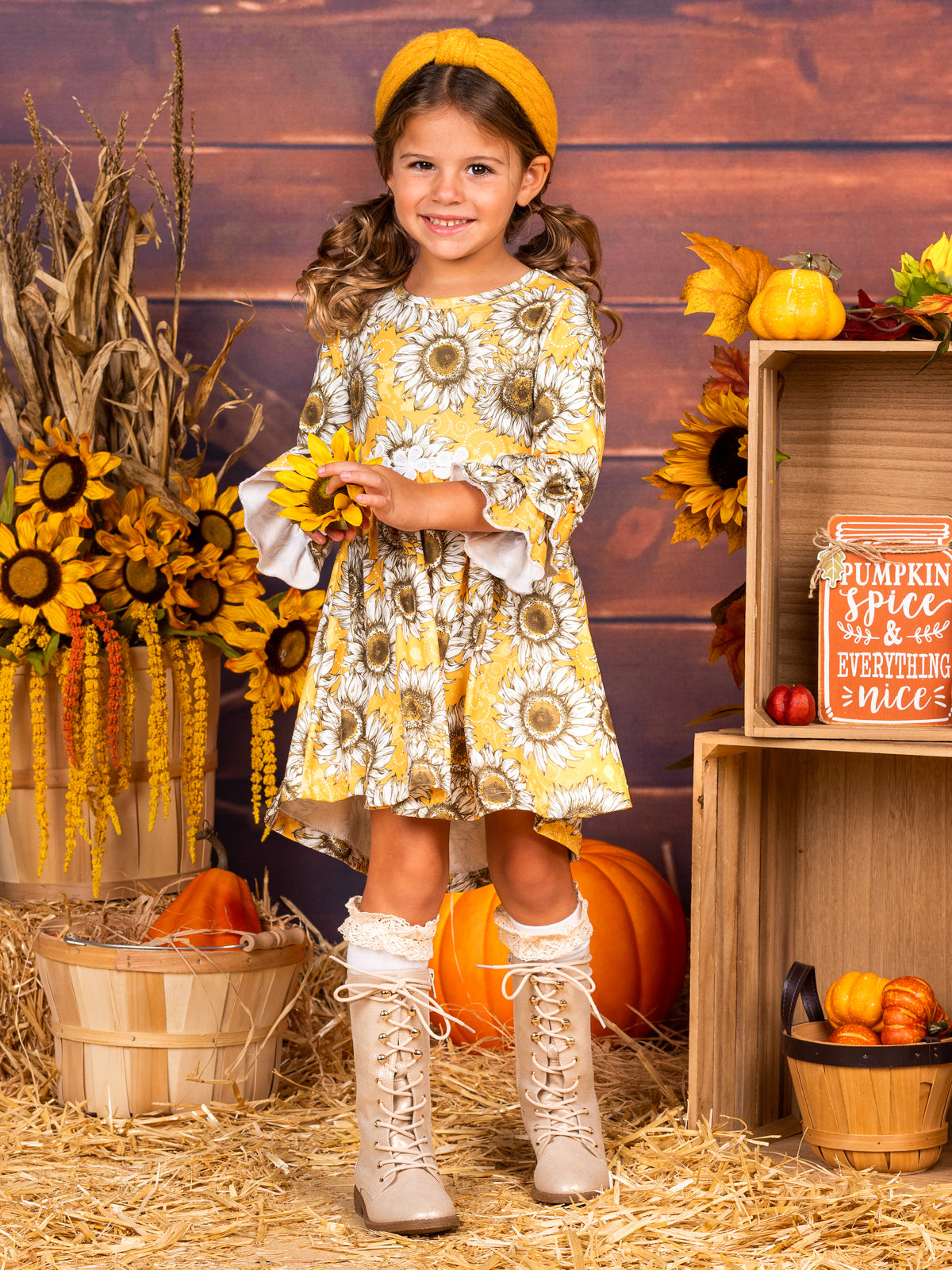 Toddler Fall Dresses | Little Girls Hi-Lo Sunflower Ruffle Dress 