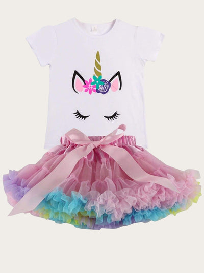 Girls Spring Outfits | White Unicorn Tee & Ruffled Tutu Bow Skirt Set