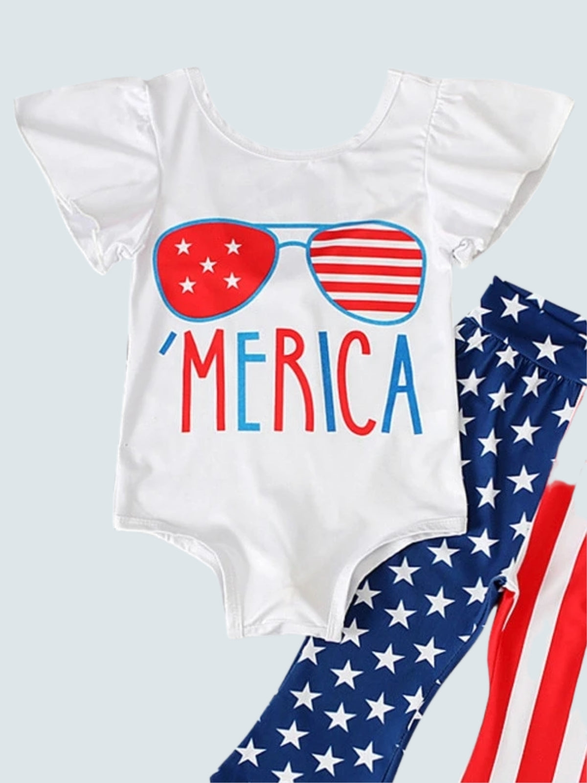Girls 'Merica Flutter Sleeve Blouse and  Star Striped Pants Set