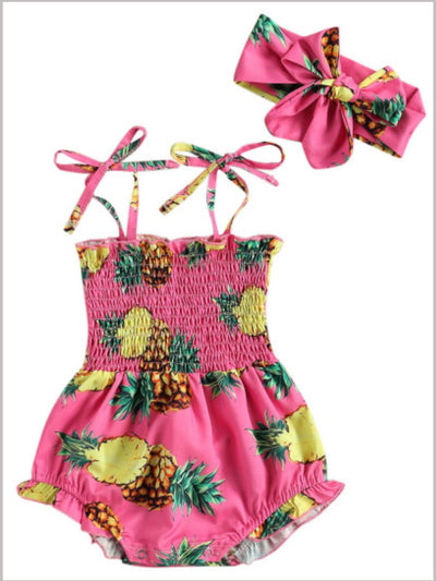 pineapple printed onesie with a stretchy bodice with adjustable shoulder straps with matching headband
