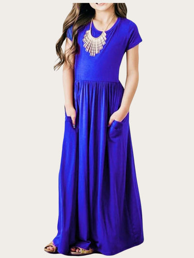 Girls Cute Spring Dresses | Short Sleeve Pockets Pleated Maxi Sundress