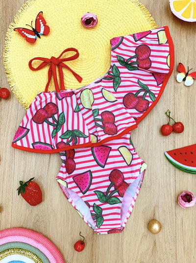 Kids Swimsuits | Girls Fruit Print Ruffle Bib One Piece Swimsuit
