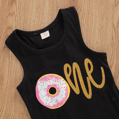 Baby set features a black top with a gold "One" print and a pink tutu skirt with a sequin bow at the waist. Comes with a matching sequin headband