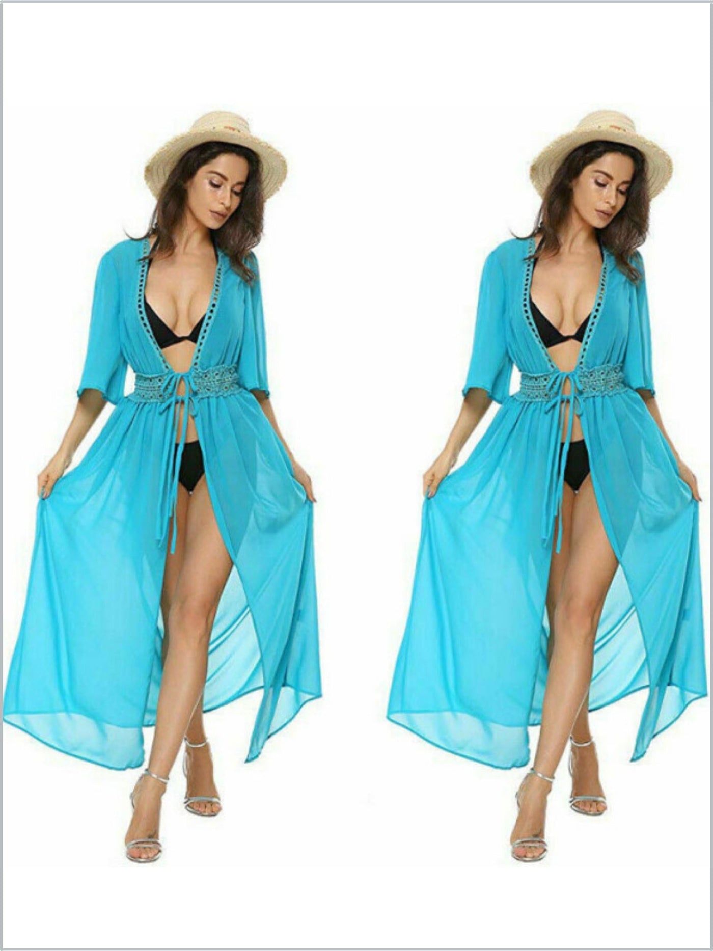 Women's Poolside Split Side Kimono Cover Up - Blue - Women's Cover Up