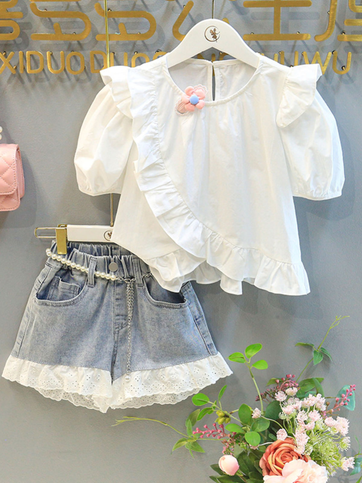 Toddler Clothing Sale | Ruffle Blouse & Lace Denim Shorts | Boutique