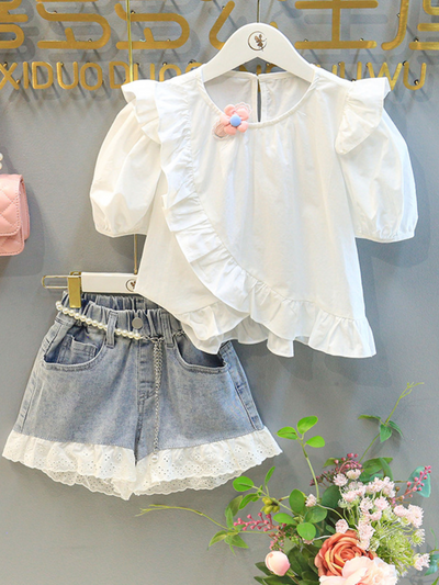 Toddler Clothing Sale | Ruffle Blouse & Lace Denim Shorts | Boutique