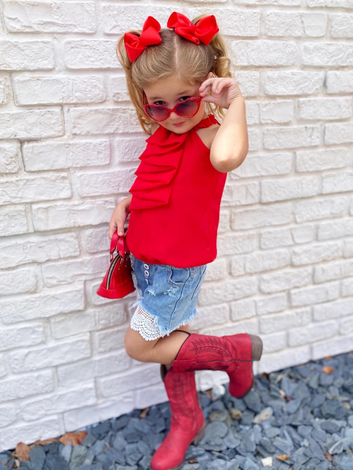 Girls Spring Outfits | Cascading Ruffle Halter Top & Denim Shorts Set