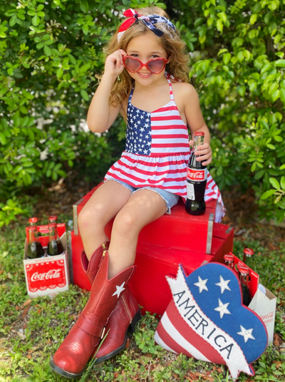 Girls 4th of July Outfits | US Flag Hi Lo Top & Denim Shorts Set