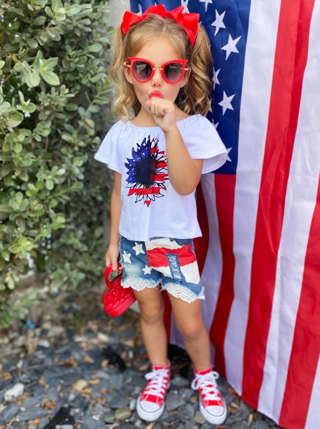 Girls 4th of July Sets | US Flag Sunflower Top & Lace Denim Shorts Set