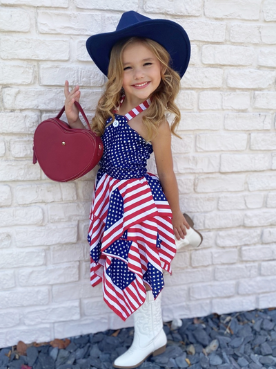 Girls 4th of July Dresses | US Flag Smocked Top Handkerchief Dress