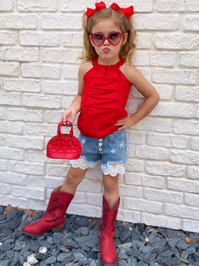 Girls Spring Outfits | Cascading Ruffle Halter Top & Denim Shorts Set