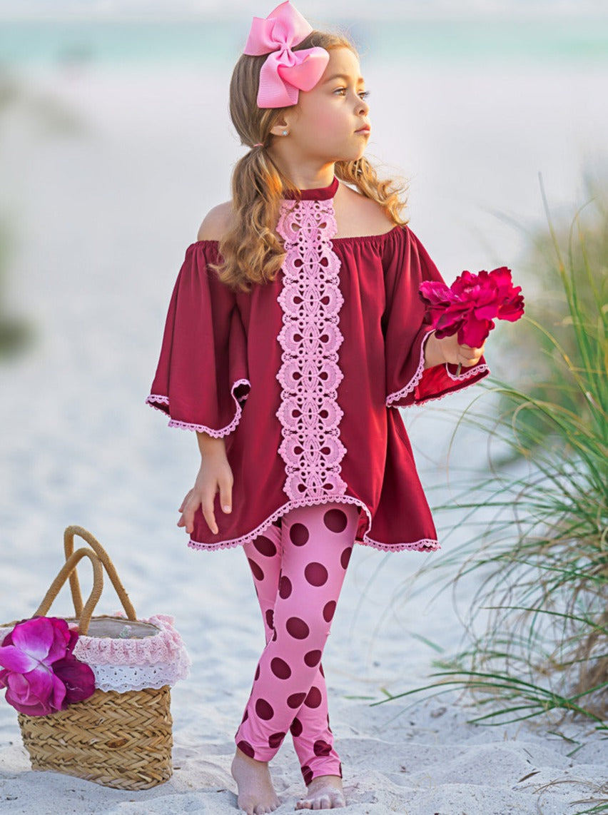 Girls Spring Outfits | Polka Dot Lace Halter Neck Tunic & Legging Set